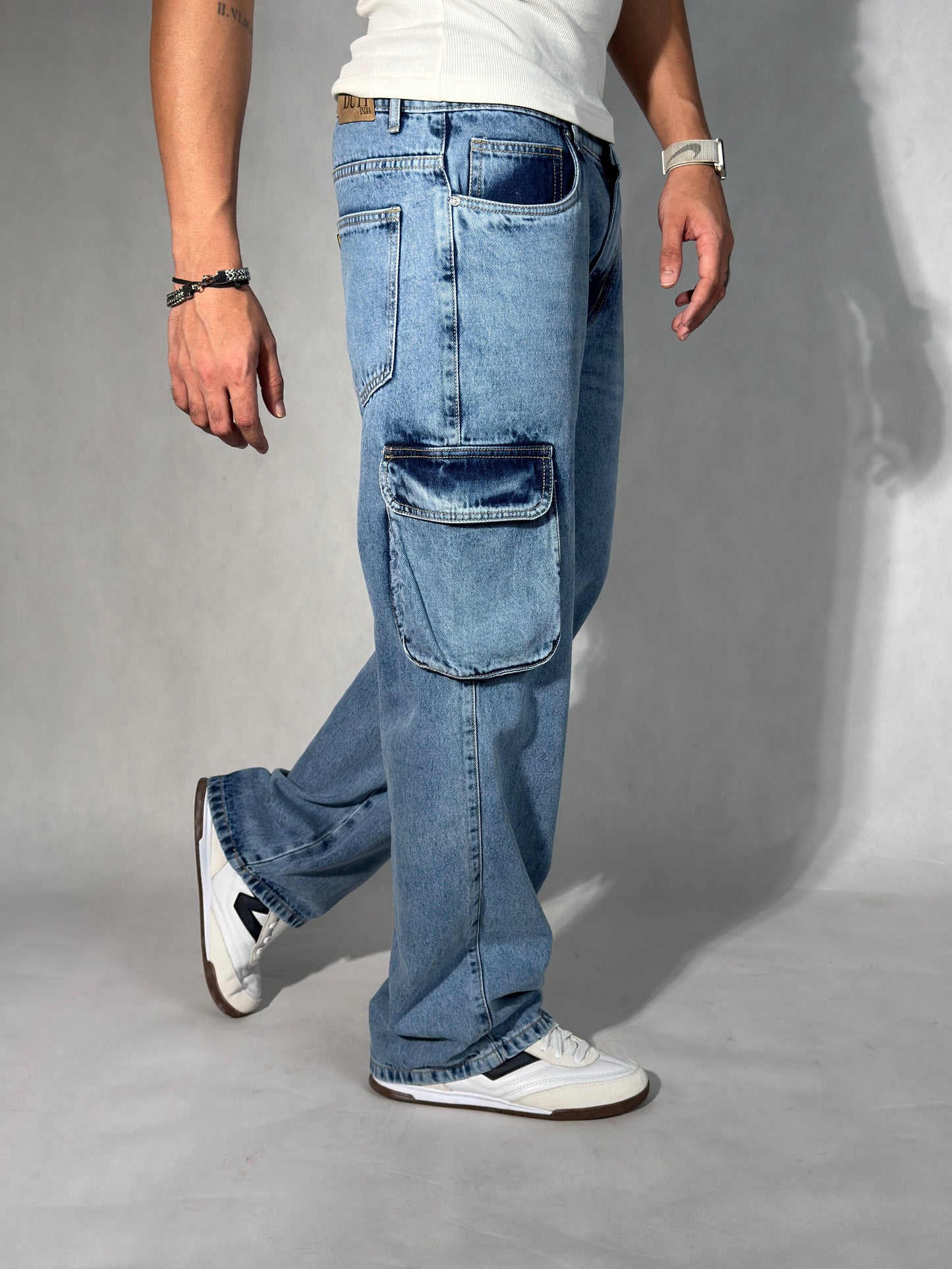 Blue Stone Wash Baggy Fit Cargo Men Jeans