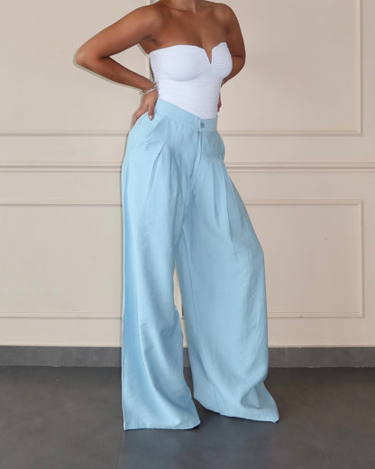 Defined Pleats Wide Leg Pants - Baby Blue