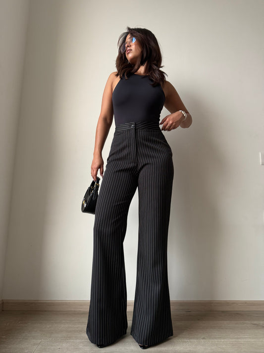 Flared Striped Statement Pants - Black