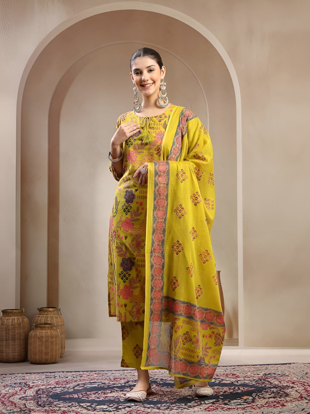 Women Floral Printed Cotton Kurta with Trousers & Dupatta