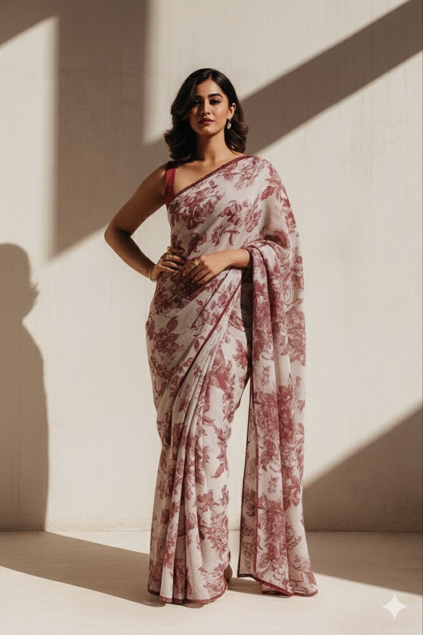 Fable Floral Maroon Ready To Wear Saree
