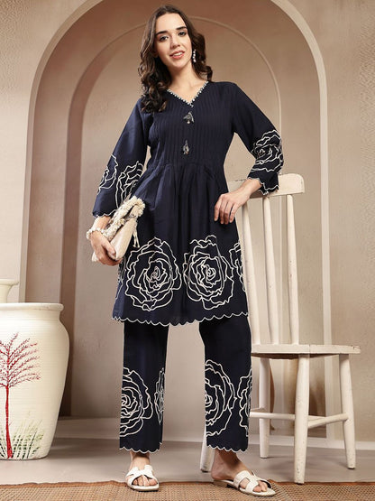Embroidered Pure Cotton V Neck Tunic With Trousers