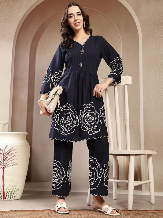 Embroidered Pure Cotton V Neck Tunic With Trousers