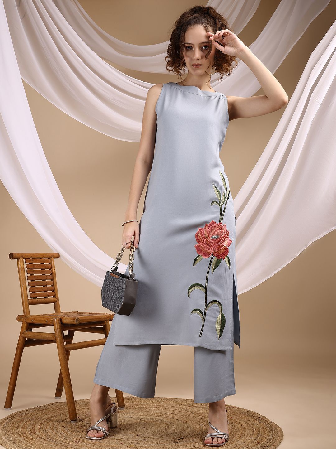 Embroidered Sleeveless Top With Palazzos Co-Ords