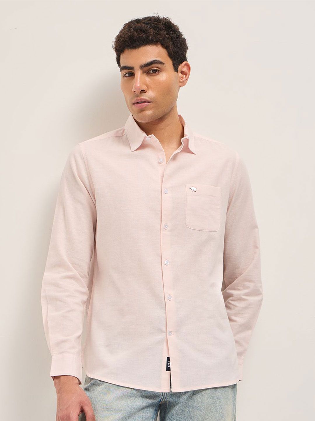 Men Slim Fit Solid Spread Collar Casual Cotton Linen Shirt