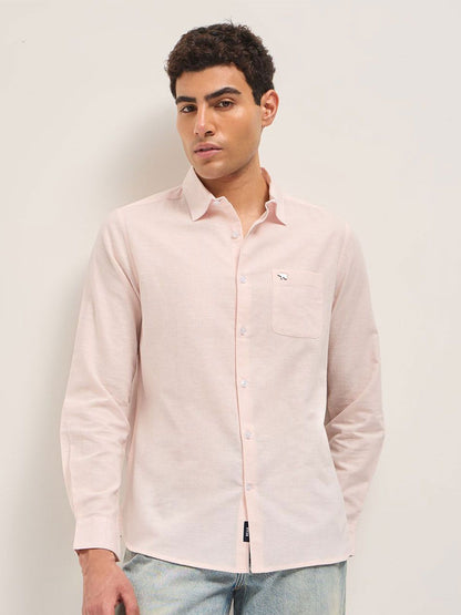 Men Slim Fit Solid Spread Collar Casual Cotton Linen Shirt