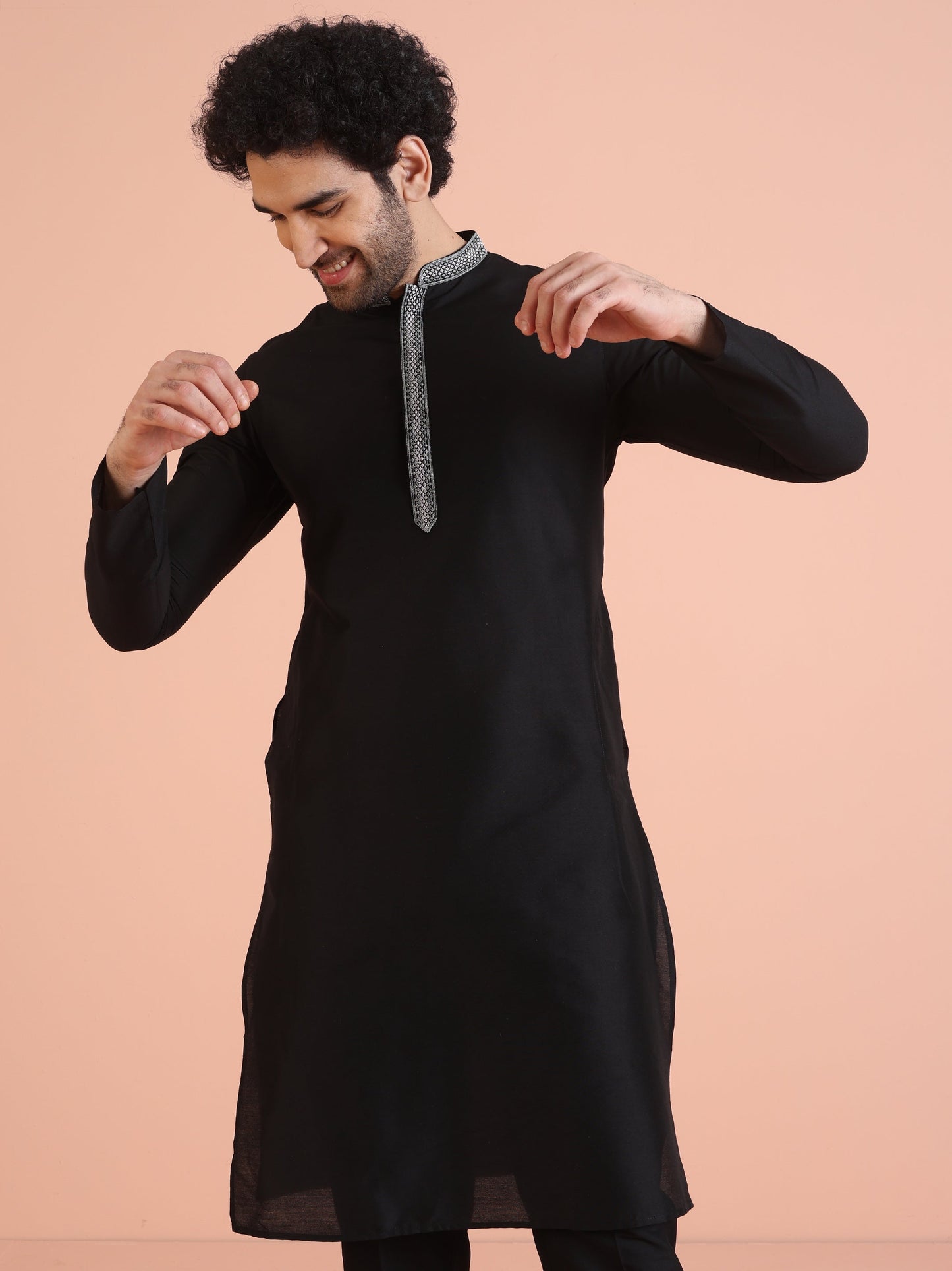 Men's Black Solid Dyed Kurta