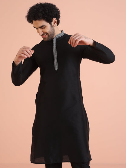 Men's Black Solid Dyed Kurta
