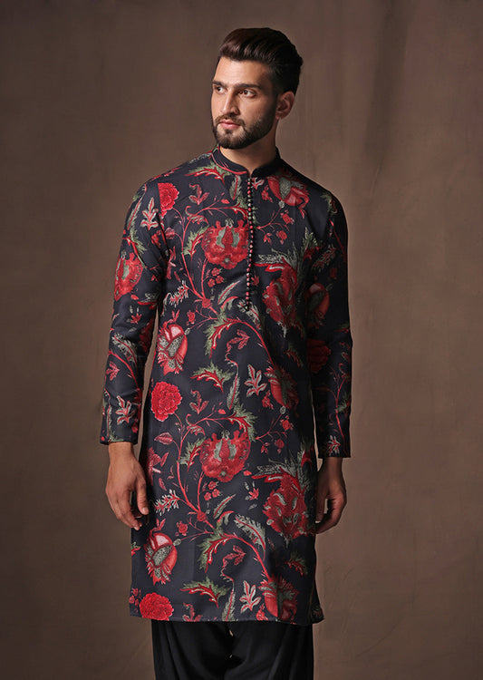 Men's Black Printed Kurta