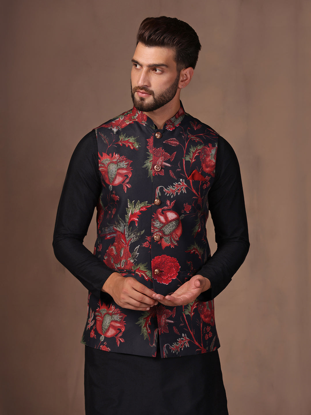 Men's Black Digital Print Nehru Jacket