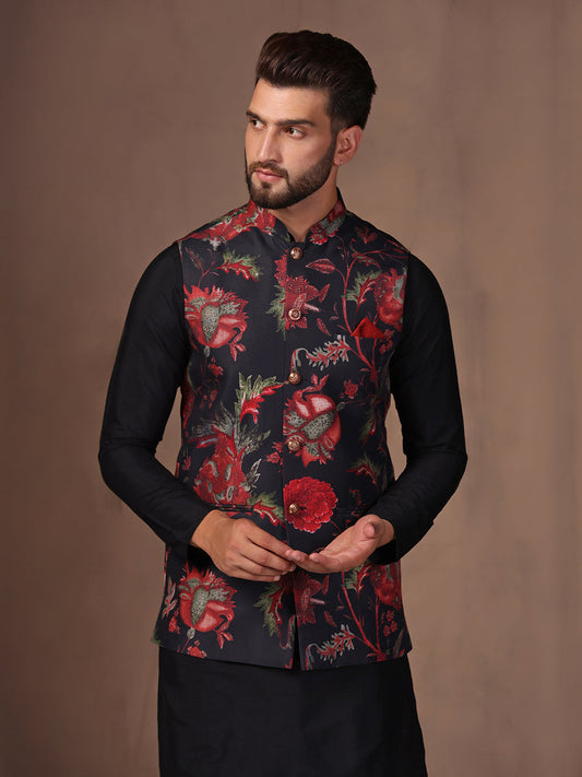 Men's Black Digital Print Nehru Jacket