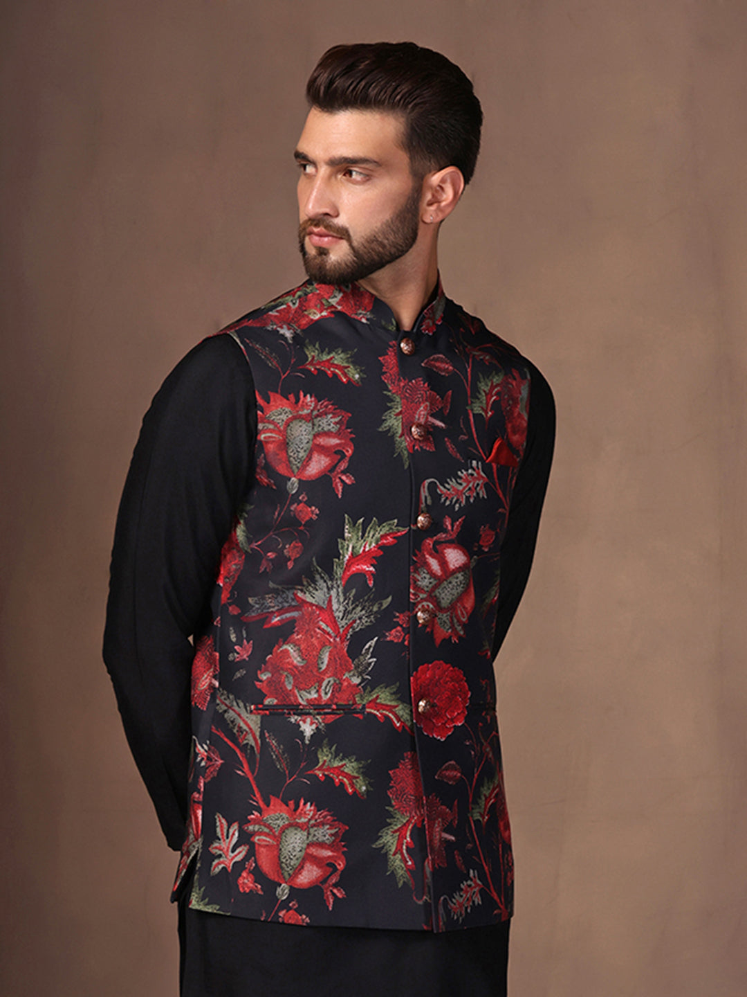 Men's Black Digital Print Nehru Jacket