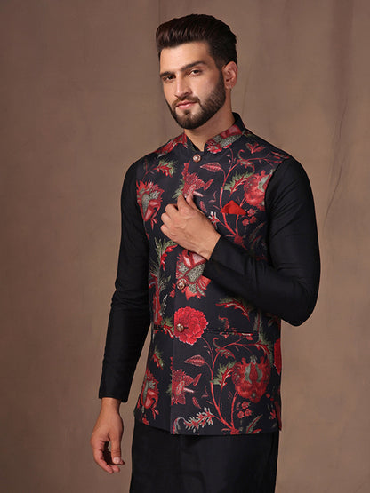 Men's Black Digital Print Nehru Jacket