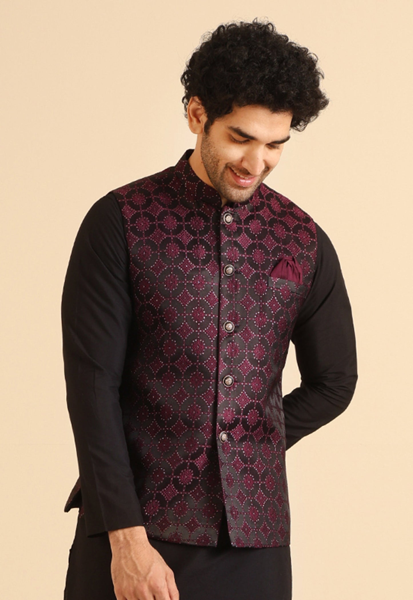 Men's Burgundy Woven Design Nehru Jacket