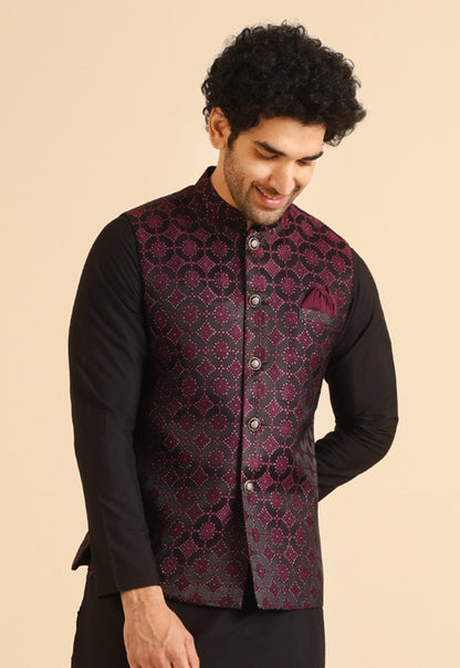 Men's Burgundy Woven Design Nehru Jacket