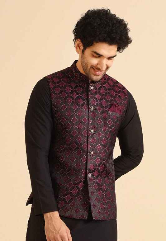 Men's Burgundy Woven Design Nehru Jacket