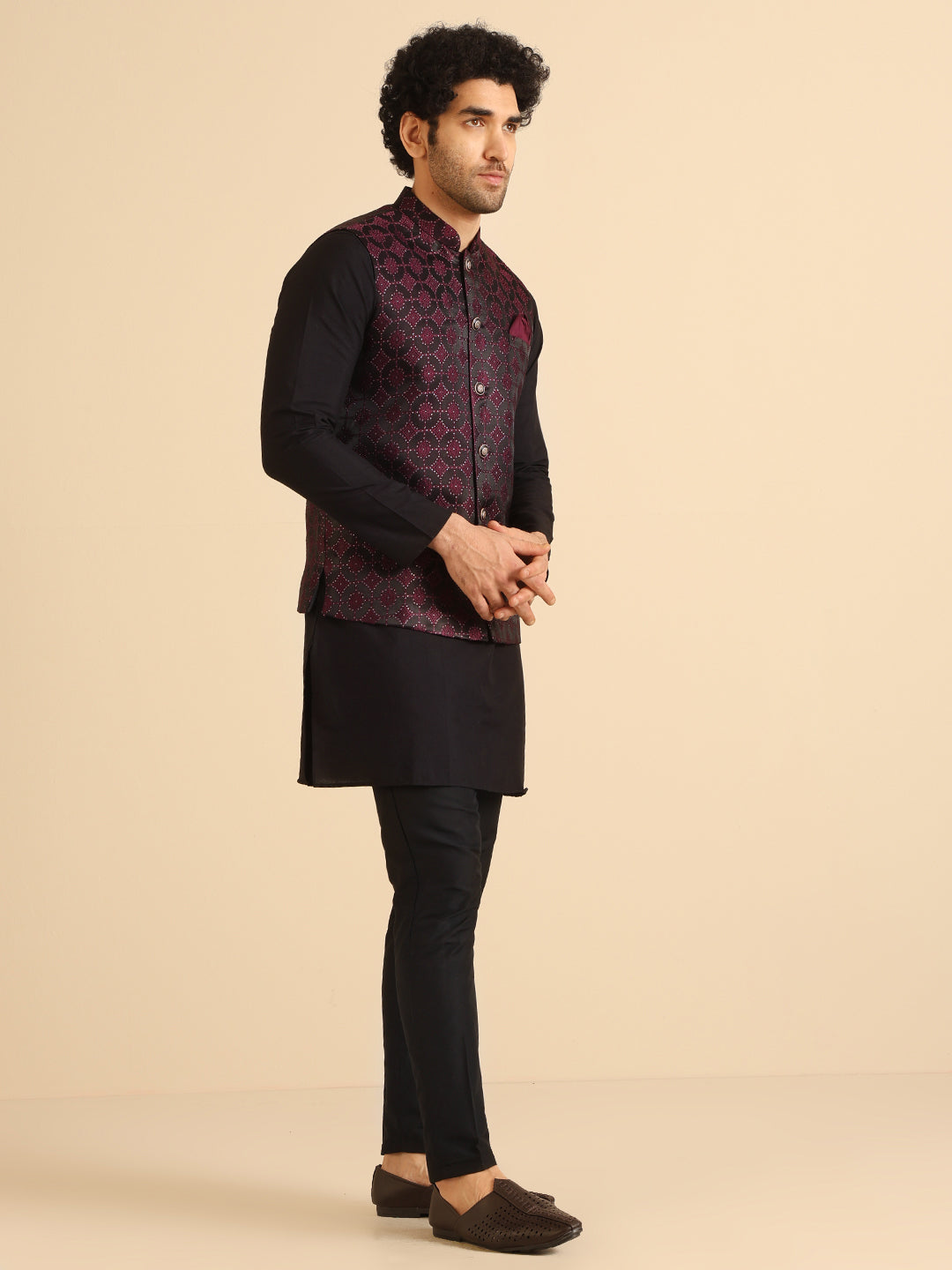 Men's Burgundy Woven Design Nehru Jacket
