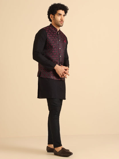 Men's Burgundy Woven Design Nehru Jacket