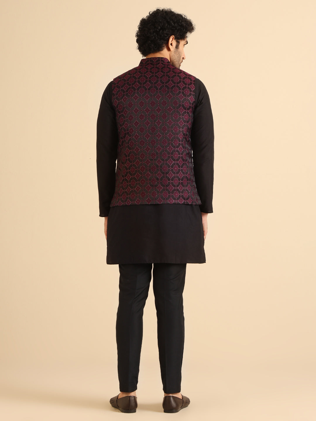 Men's Burgundy Woven Design Nehru Jacket
