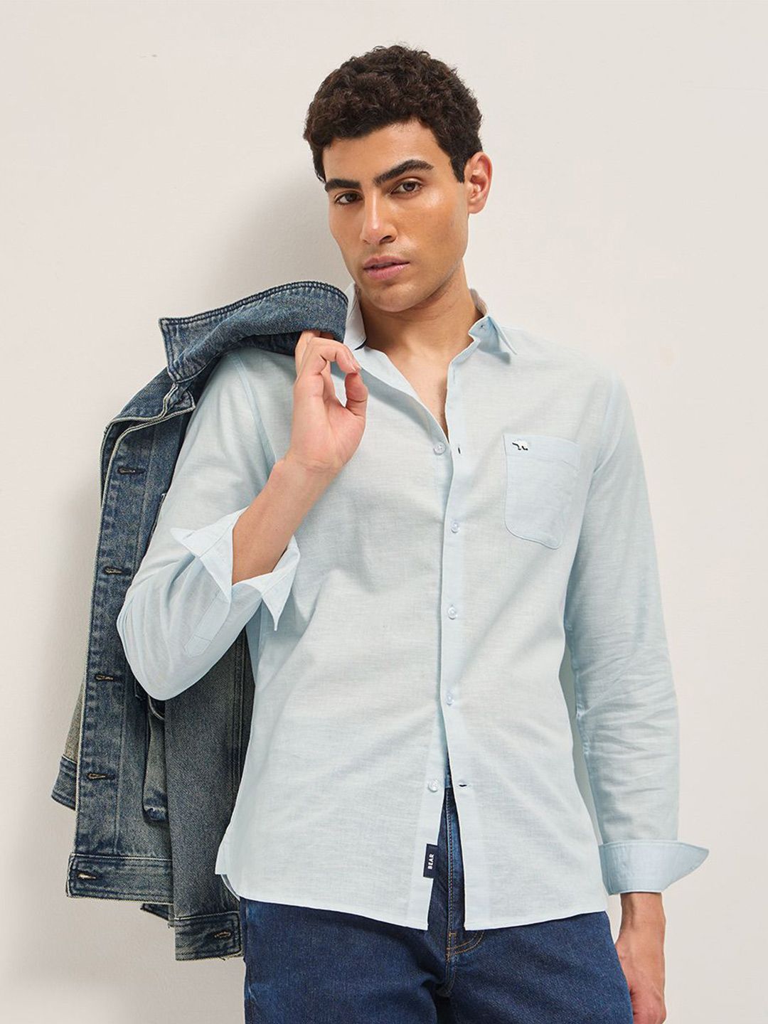 Men Slim Fit Solid Spread Collar Casual Cotton Linen Shirt