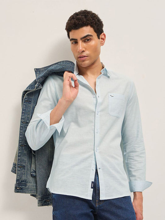 Men Slim Fit Solid Spread Collar Casual Cotton Linen Shirt