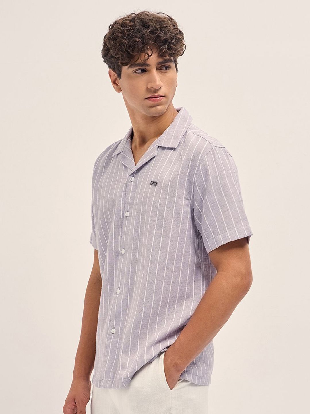 Men Vertical Striped Cuban Collar Linen Casual Shirt