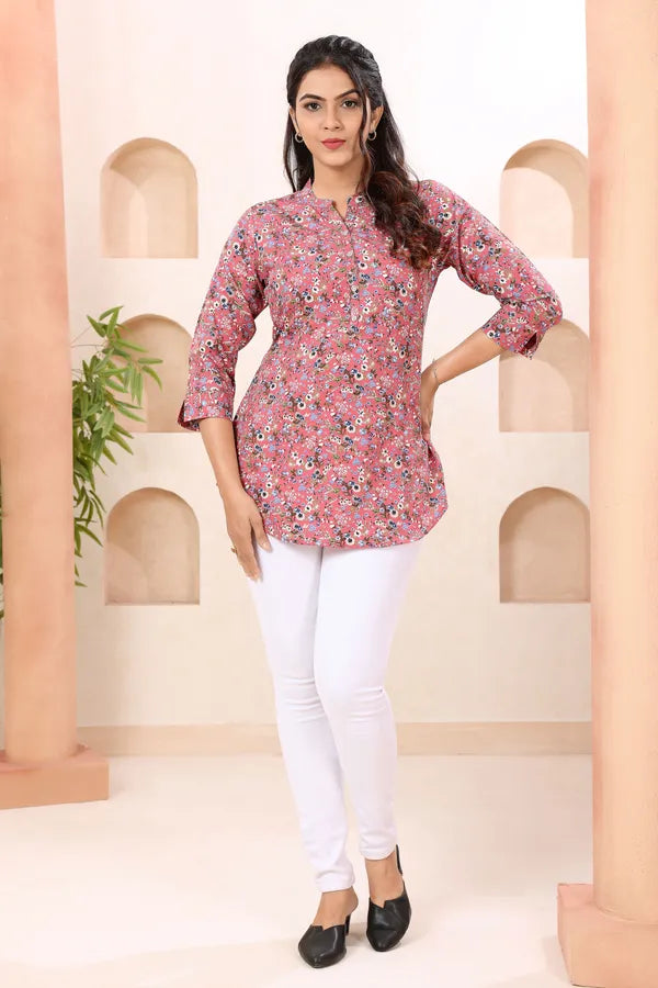 Floral Coral Ban Collar Short Tunic Top for Women