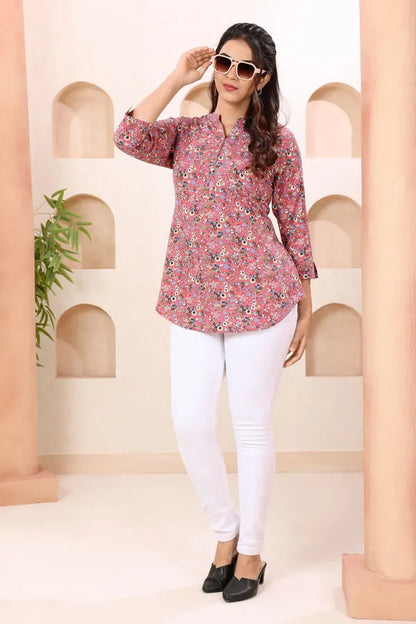 Floral Coral Ban Collar Short Tunic Top for Women
