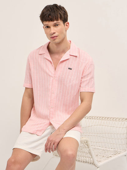 Relaxed Fit Vertical Striped Short Sleeves Linen Shirt