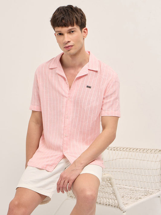 Relaxed Fit Vertical Striped Short Sleeves Linen Shirt