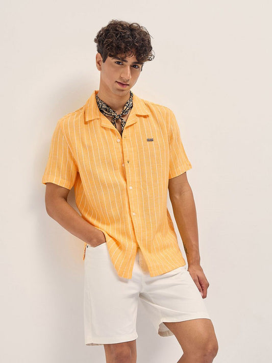 Striped Cuban Collar Relaxed Fit Linen Casual Shirt