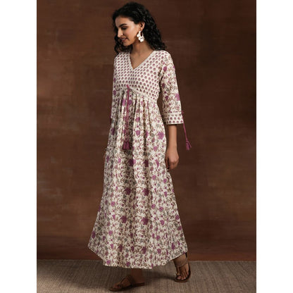 Libas Off White Floral Printed Fit and Flared Dress With Tassels on Sleeves