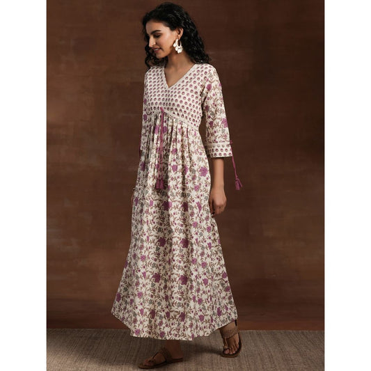 Libas Off White Floral Printed Fit and Flared Dress With Tassels on Sleeves