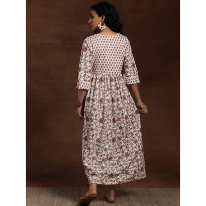 Libas Off White Floral Printed Fit and Flared Dress With Tassels on Sleeves