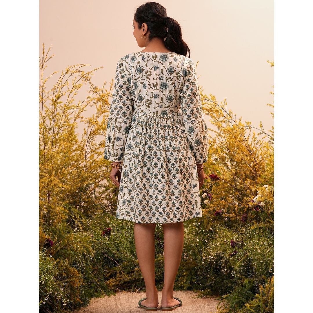 Libas Women's Beige Printed Cotton A-Line Dress