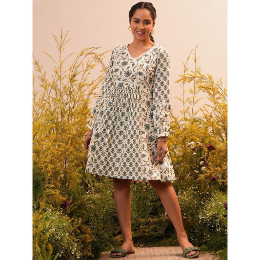 Libas Women's Beige Printed Cotton A-Line Dress