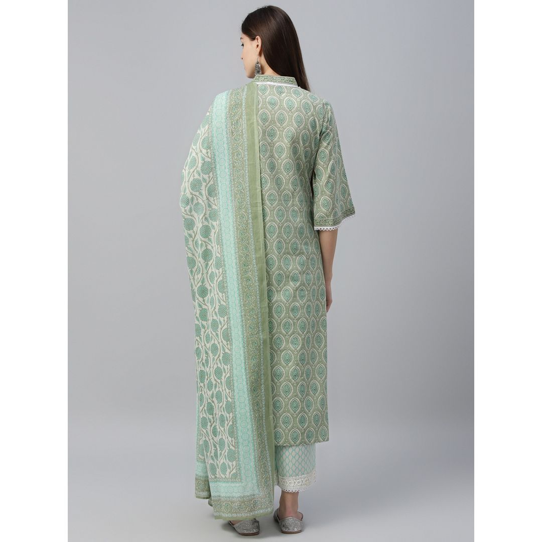 Libas Women's Green Printed Cotton Straight Suit With Dupatta