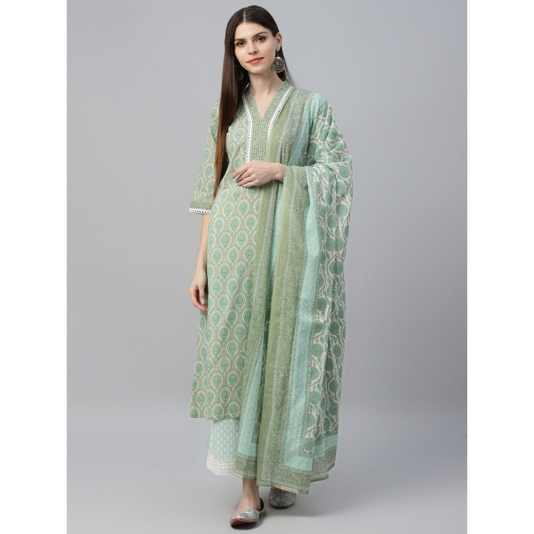 Libas Women's Green Printed Cotton Straight Suit With Dupatta