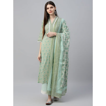 Libas Women's Green Printed Cotton Straight Suit With Dupatta