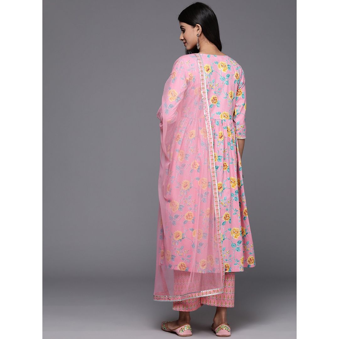 Libas Women's Pink Printed Cotton A-Line Kurta With Palazzos & Dupatta