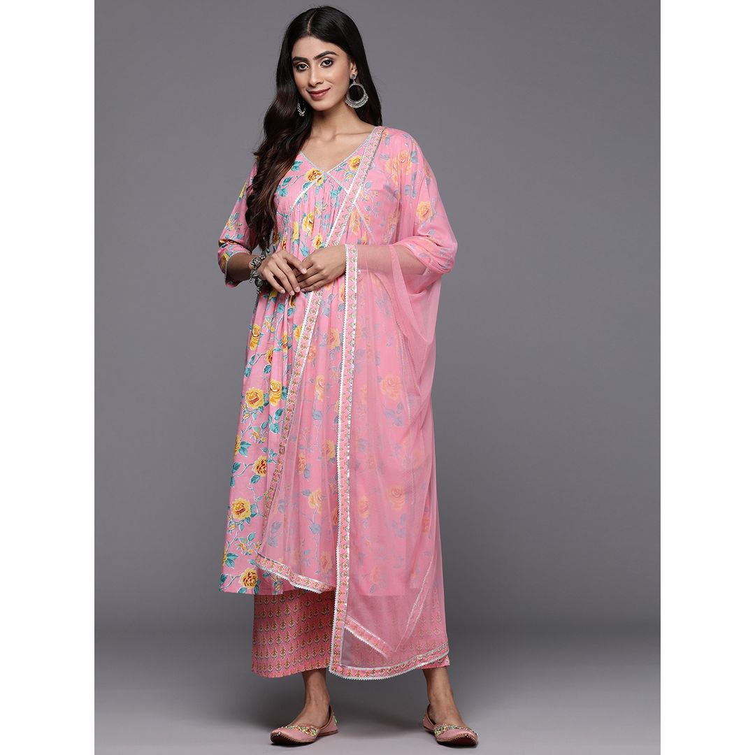 Libas Women's Pink Printed Cotton A-Line Kurta With Palazzos & Dupatta
