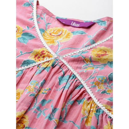 Libas Women's Pink Printed Cotton A-Line Kurta With Palazzos & Dupatta