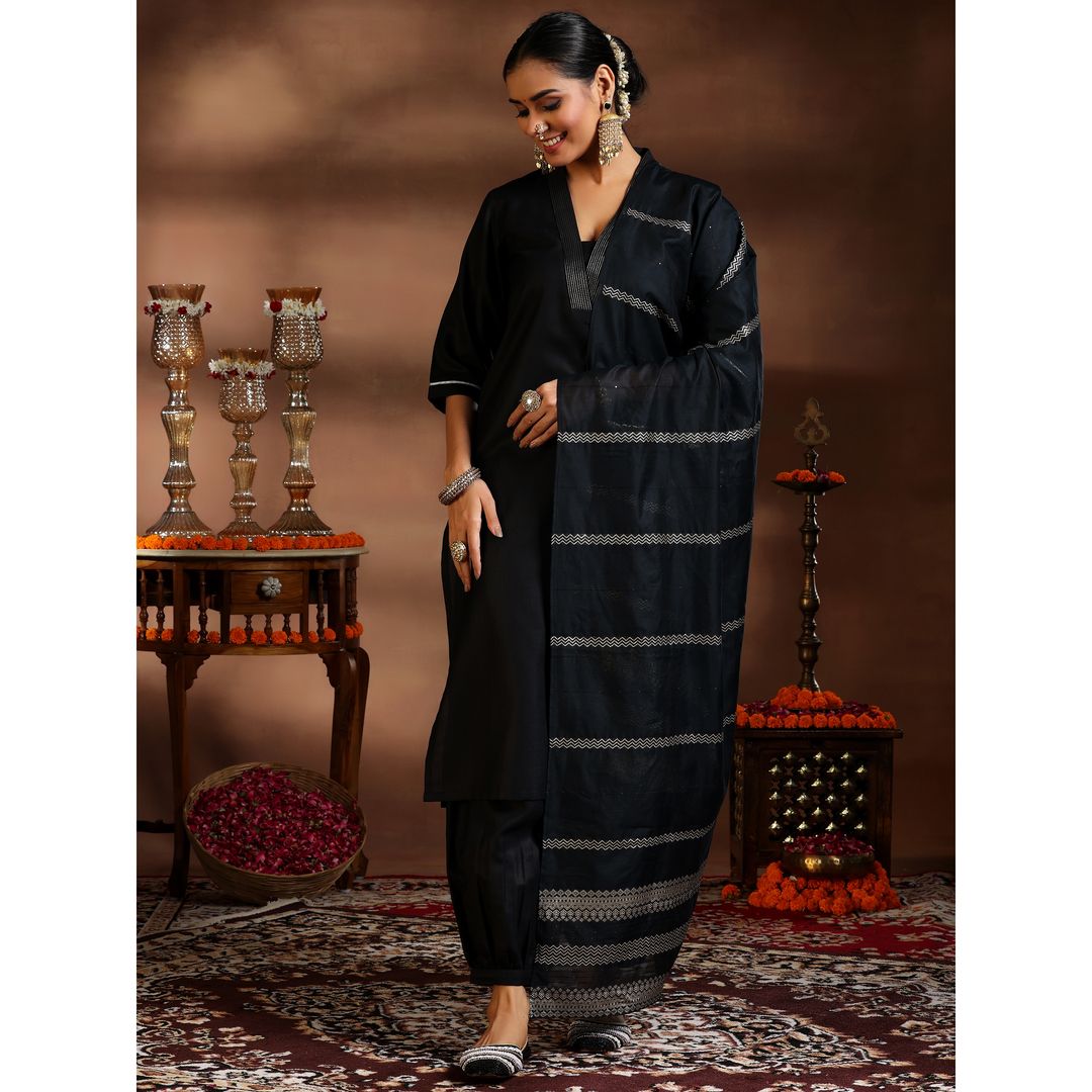 Libas Women's Solid Cotton Blend Straight Kurta with Trousers & Dupatta