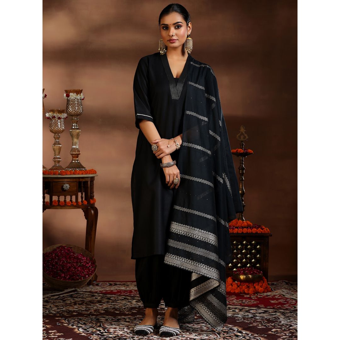 Libas Women's Solid Cotton Blend Straight Kurta with Trousers & Dupatta