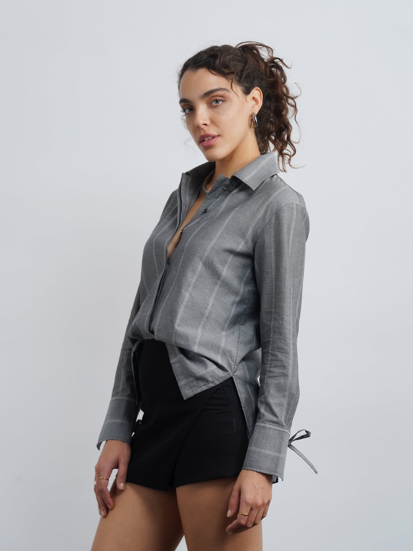 Grey Cotton Drawstring Shirt