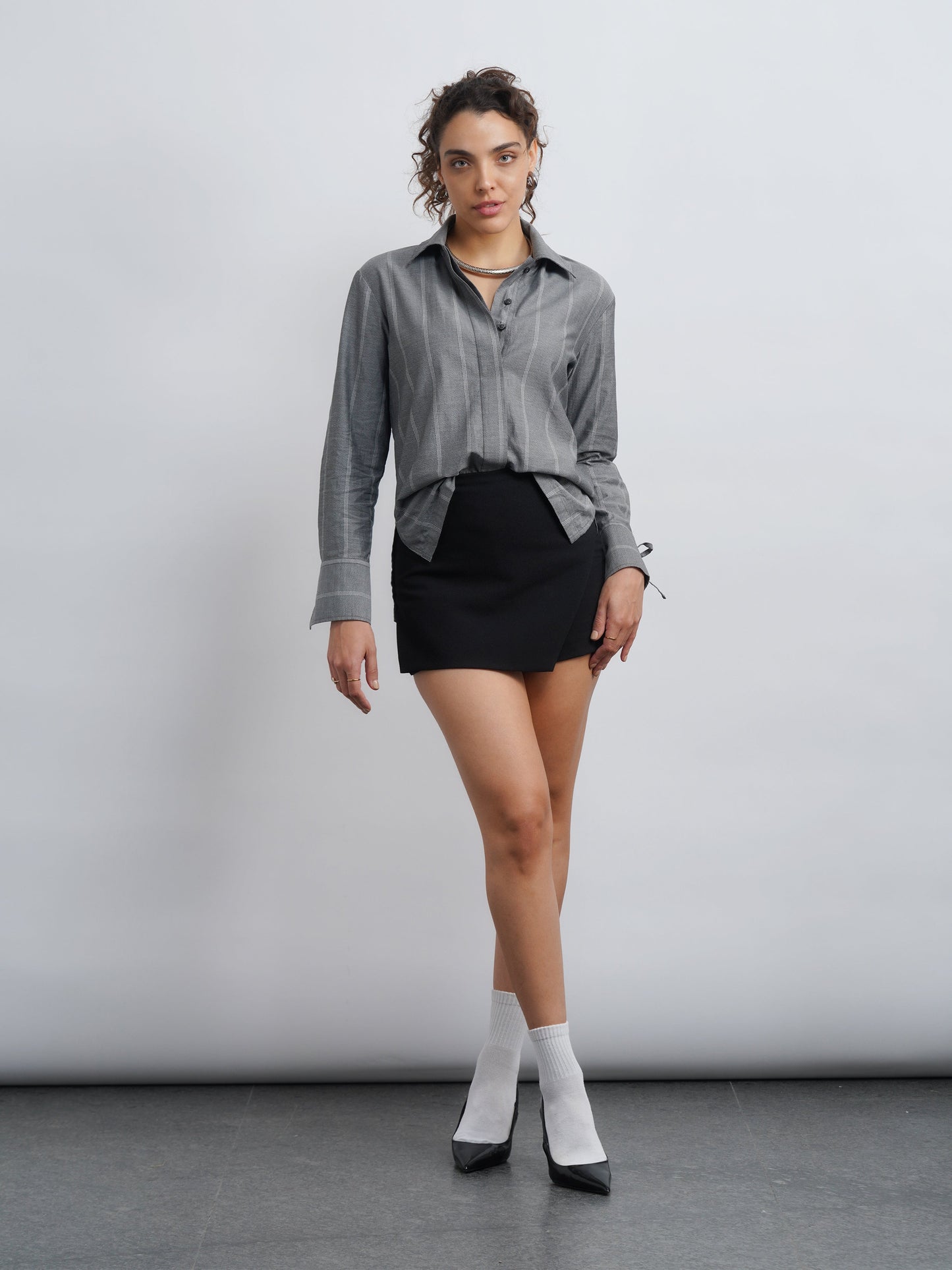 Grey Cotton Drawstring Shirt