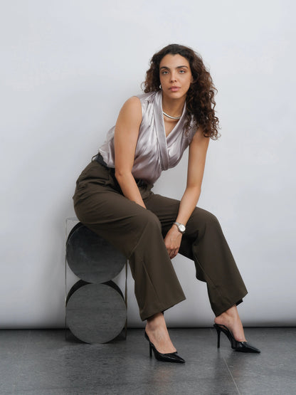 Lapel Satin Top - Silver Champagne