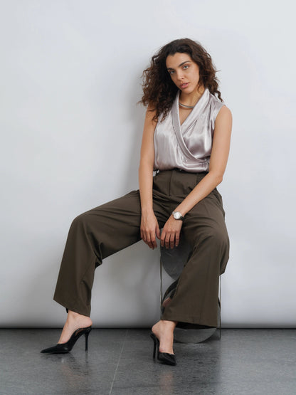 Lapel Satin Top - Silver Champagne