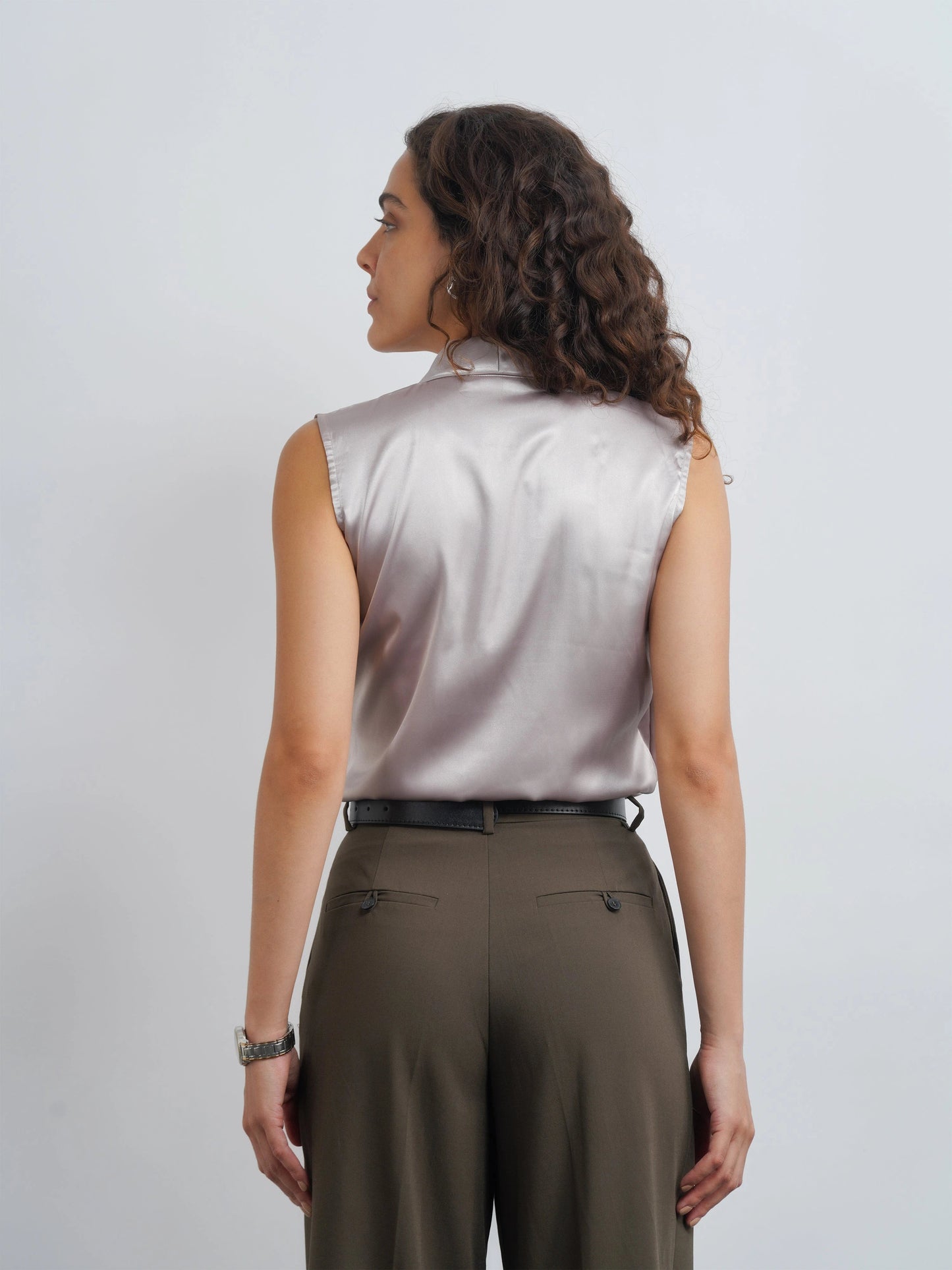 Lapel Satin Top - Silver Champagne
