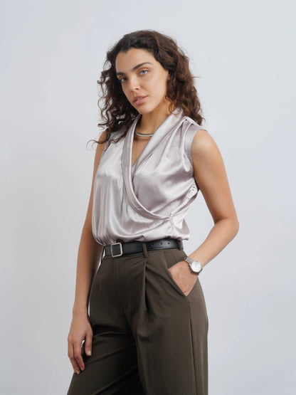 Lapel Satin Top - Silver Champagne